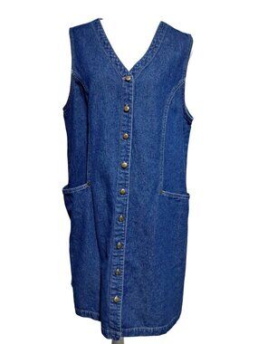 Denim Jumper Dress Vintage 90s Bryn Connelly Womens Size 16 Blue Jean Button Fro